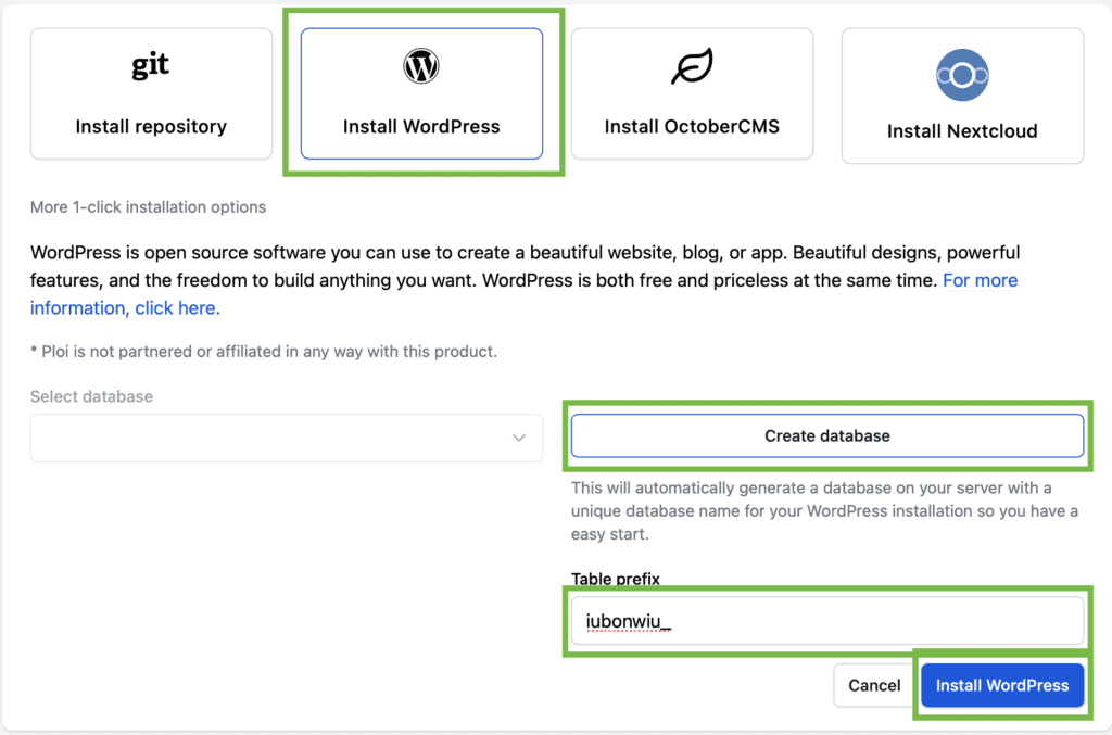 Ploi.io WordPress create database and table prefix